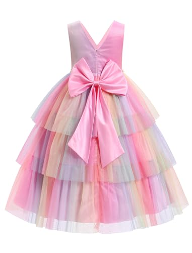 Girls Formal Dress Sleeveless V-Neck Sparkle Bowknot Pearls Tiered Tulle Tutu Dress Party Wedding Flower Girl Dress Rainbow 11-12Y at Amazon