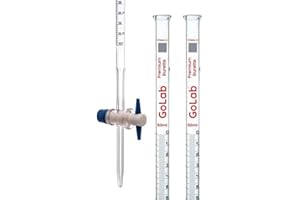 2pcs GoLab Laboratory Class A Burette with PTFE Key Stopcock - 50ml Capacity, 0.05ml Sub Divisions, ±0.03ml Tolerance, Red Graduations - Borosilicate Glass