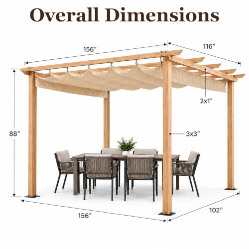 10 x 13 FT Outdoor Aluminum Pergola with Retractable Canopy, Off-White image 10