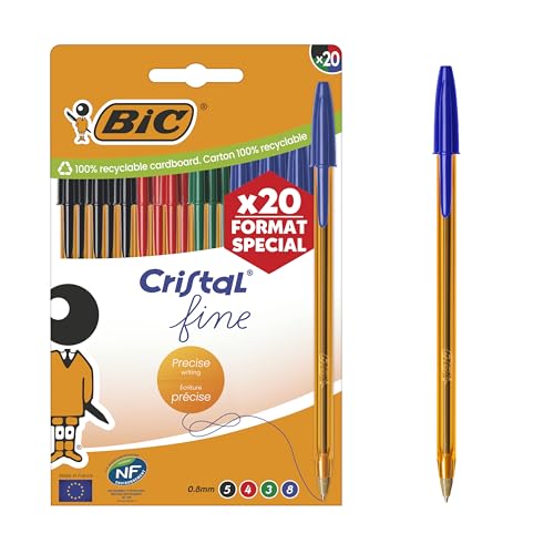 BIC Original Crystal Fine Penne a Punta Sottile (0,8 mm) con Corpo Arancione Traslucido - Colori Assortiti, Confezione da 20