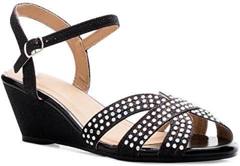 OLIVIA K Women's Open Toe Glitter Shimmer T-strap Cage Low Heels Wedge Sandal