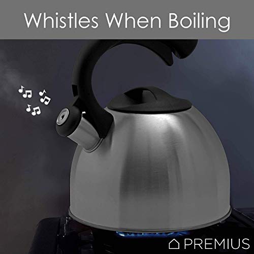 STAINLESS STEEL WHISTLING TEA KETTLE By Premius, Durable Construction And Elegant Design, Cool Touch Grip Handle And Lid, Pleasant Sounding Whistle, Stovetop Teakettle, 3.2 Quarts (Silver)