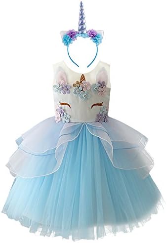 Girls Unicorn Tutu Dress Ruffle Tulle Skirt Horn Headband 2Pcs Set Baby Kids Birthday Outfit Princess Party Costume