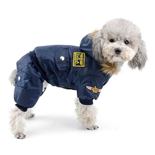 SELMAI Waterproof Fleece Lined Dog Coat Airman Hooded Jumpsuit Snow Jacket Winter Dog Clothes for Chihuahuas Blue M