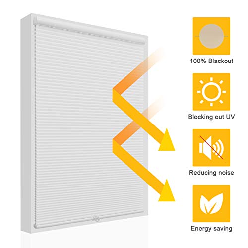 SBARTAR Cellular Shades Cordless Blackout Honeycomb Blinds Fabric Window Shades White(Blackout), 36" W x 64" H