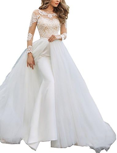 SHNE Women's Illusion Long Lace Sleeves Open Back Wedding Dress with Detachable Train Ivory US14
