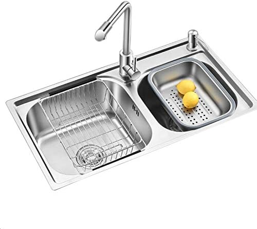 SOCUTWE Round Big Bend Fauce 28.4X15.0 Inches 60/40 Double Bowl SUS 304 Stainless Steel Brushed Kitchen Sink Extra Thick Deck w/Basket Strainers, Sink Grids Kitchen Decoration