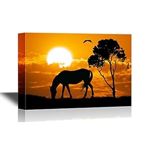 African Savanna Sunset Canvas Wall Art - A Grazing Wild Horse - Gallery Wrap Modern Home Art | Ready to Hang - 12x18 inches