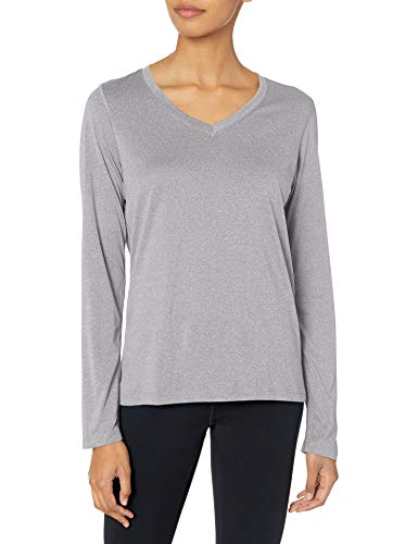 Hanes Women's Sport Cool Dri Performance Long Sleeve V-Neck Tee, Granite Heather, X Large