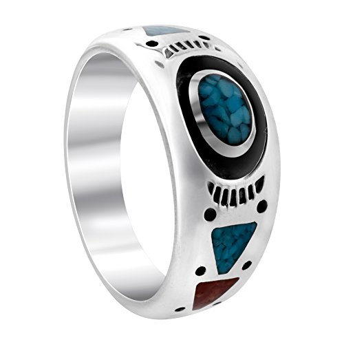 Gem Avenue 925 Sterling Silver Turquoise with Coral Gemstone Southwestern Style Band
