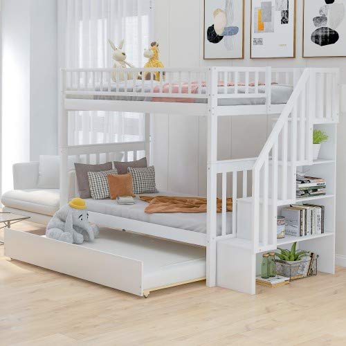 Solid Wood Twin-Over-Twin Stairway Bunk Bed with Twin Size Trundle and Storage Stairs, with Full Length Guardrail, No Box Spring Needed. Box 3/3.