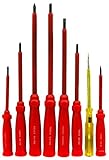 Bastex Electricians Grade Insulated Screwdriver 8 Piece Set. Anti-Shock Red Handled Magnetic Head (1,000Volt) Complete with Mains Tester(100v to 250V testing range)For Electrical Work Household Useage
