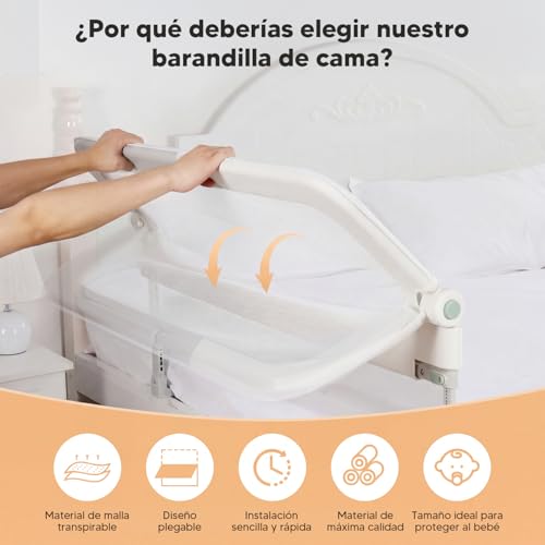 Garselay Barandilla para Cama de 1.5M，barandales para Cama Plegable，Altura Ajustable （66-78cm），Base en Forma de U y Correa de Fijación，para Todo Tipo de Colchones