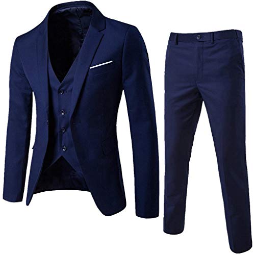 Dressin Men’s Suit Slim Fit One Button 3-Piece Suit Blazer Dress Business Wedding Party Jacket Vest & Pants Navy
