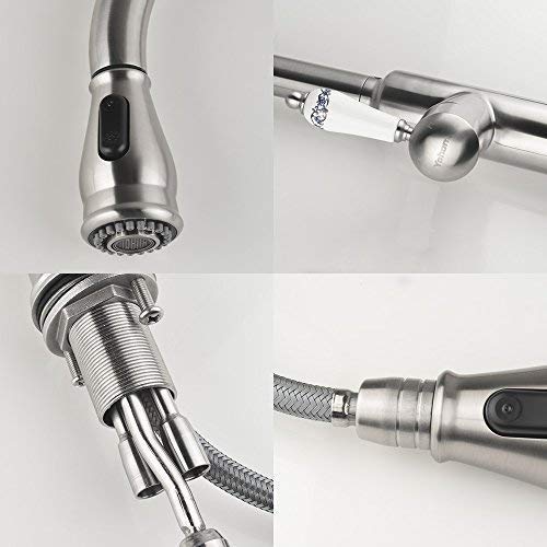 Yohom 1 or 3 Hole Commercial Stainless Steel Kitchen Sink Faucets with Pull Out Dual Function Sprayer, Porcelain Single Handle Pull Down Kitchen Faucet with 10” Hole Cover Deck Plate Brushed Finish - Thumbnail 4