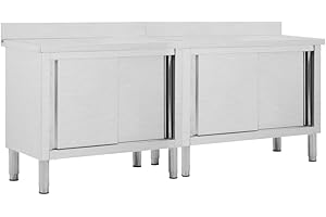 vidaXL 2pcs Stainless Steel Work Tables with Sliding Doors and Storage Space, Adjustable Height, Hygienic Design for Restaurants, Hotels, Commercial Kitchens