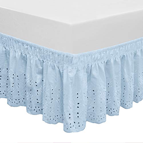 QSY Home Wrap Around Elastic Eyelet Bed Skirts Dust Ruffle Three Fabric Sides Easy On/Easy Off Adjustable Polyester Cotton 14 1/2 Inches Drop(Light Blue Twin/Full)