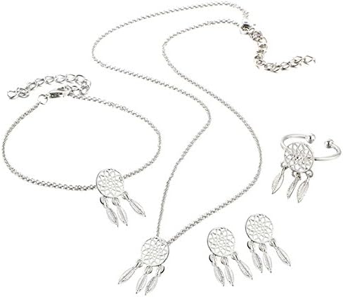 Jewelry Set Opeof Hollow Dream Catcher Tassel Necklace Earrings Ring Bracelet Women Jewelry Set - Silver