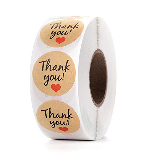 Mionno Kraft Paper 1.25" Round Thank You Stickers with Red Heart - 1000pcs/Roll Adhesive Labels for Decorative and Envelope Sealing, Gift Wrap, Birthday, Baby Shower, Wedding, Party (1 Roll)
