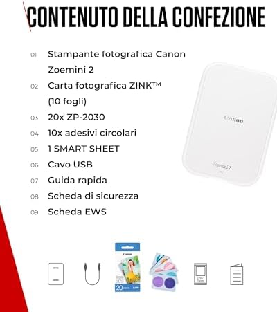 Zoemini 2 Kit per Stampa Fotografie: Scatta e Crea Ovunque - Stampante Fotografica Portatile Compatta - Bluetooth 5.0 - Ricarica Rapida via USB-C, Bianco Perla