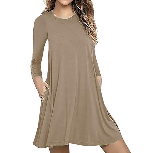 Women's Long Sleeve Pocket Casual Loose T-Shirt Dress Solid Loose Dress Khaki