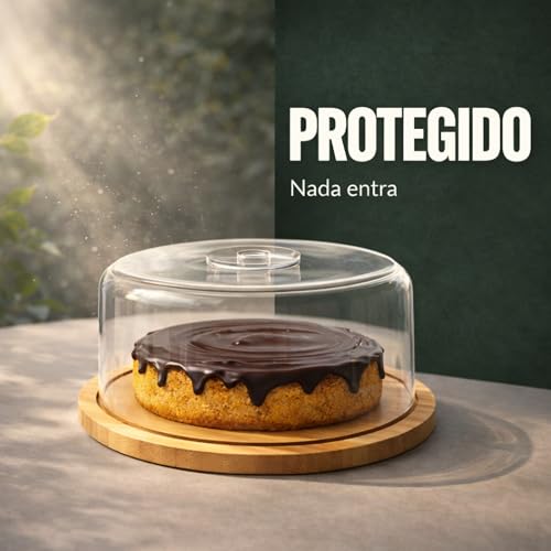 Porta Bolo com Tampa Acrílica 28cm, Boleira de Bambu Redonda | Porta Torta e Doces, Cúpula Transparente