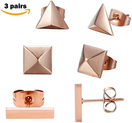Evelsa 3 Pairs Rose Gold Plated Stud Earring Set (Square bar, Corner diamond, Triangle cone)