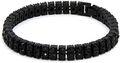 POPLife Men's Black Plated Iced Out Black Stones 2 Row Hip Hop Bracelet 8" Inches