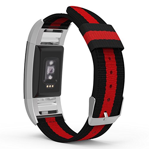 MoKo Watch Band for Fitbit Charge 2 , Fine Woven Nylon Adjustable Replacement Strap + Connector for 2016 Fitbit Charge 2 Heart Rate + Fitness Wristband, Black & Red