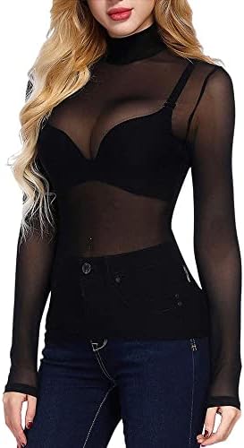 Women's Mesh Tops Long Sleeve Sheer Tops Blouse Sexy Shirt Mock