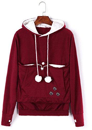 Womens Unisex Big Kangaroo Pouch Hoodie Cat Ear Long Sleeve Pet Dog Holder Carrier Sweatshirt, Red, XXX-Large