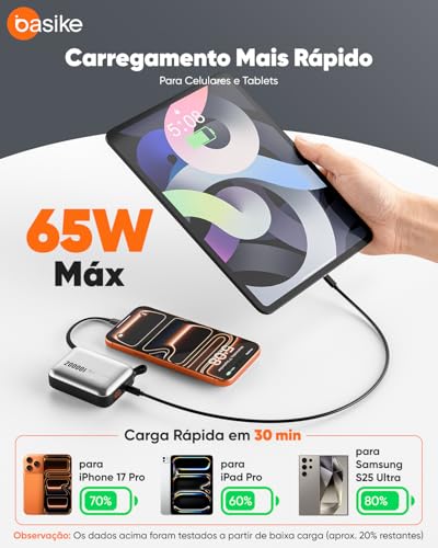 Basike Power Bank 65W, Carregador Portátil Universal 20000mAh (Prata) | USB-C + Cabo Type-C Integrado e Removível, Carregamento Rápido PD/PPS para Samsung Séries S26-S21 e iPhone Séries 17-14