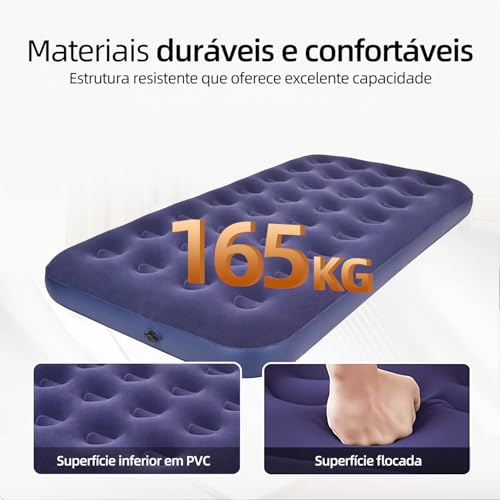 Colchão Inflável Solteiro Azul 186x96x22cm, Colchão de Ar em PVC com Revestimento de Flanela, Colchonete Inflável com Estrutura Honeycomb