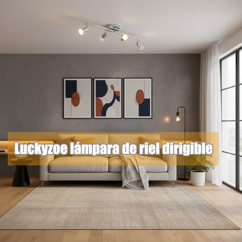 Luckyzoe Iluminación de Riel Led de 4 Luces, iluminación puntual de techo, cabezal de luz giratorio flexible, lampara de riel, 4 luz (GU10), Sin foco, Cromo