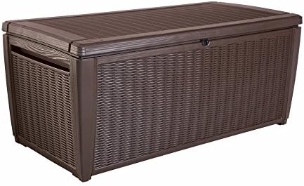 Best Top Rated Rattan Style Poly-Resin Garden Patio Deck Storage Box Container Bench- Full 57 Inch Girth 135-Gallon Storage For Cargo Gear More- Weather Resistant Chocolate Finish Lightweight Durable