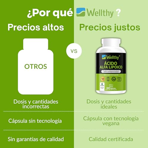 Wellthy Ácido Alfa Lipoico 600mg en 300 Cápsulas. 10 Meses de Consumo, NON GMO, Vegan Friendly, VCaps Tecnología Cápsulas Veganas.