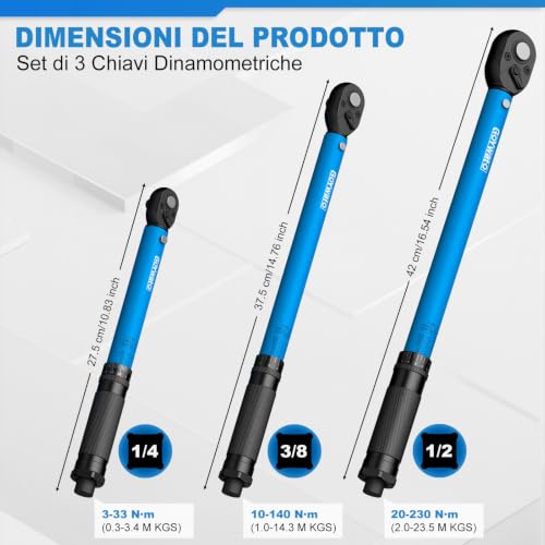 GoYwato Torque Wrench 1/4 Inch 3/8 Inch 1/2 Inch Torque Wrench Set of 20-230 10-140 3-33 N·m, Accuracy ±3%, 72 Teeth, Double Scale Torque Wrench Set for Motorcycles, Bikes, Cars, Trucks Bolts
