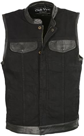 Club Vest Men's Denim Club Vest w/ Leather Trim & Hidden Zipper (Black, Large), 1 Pack