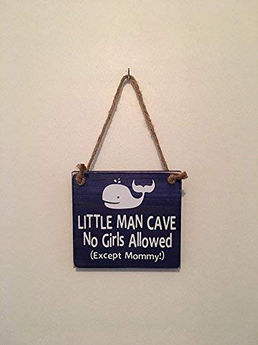 Little Man Cave No Girls Allowed - Whale - Nautical Door Sign Hanger - Gift Present for Him Her|