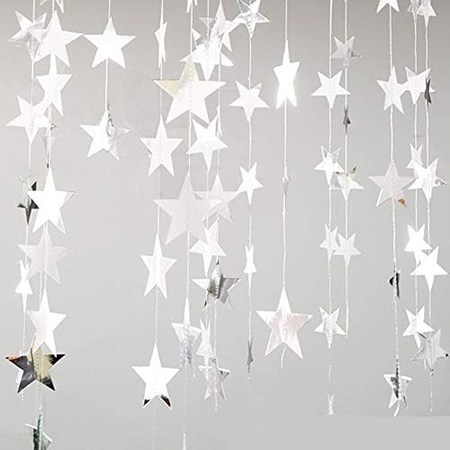 Mirror Paper Star Banner Garlands 4M String Chain Banner Ornaments Curtain Room Decor Supplies (Silver)