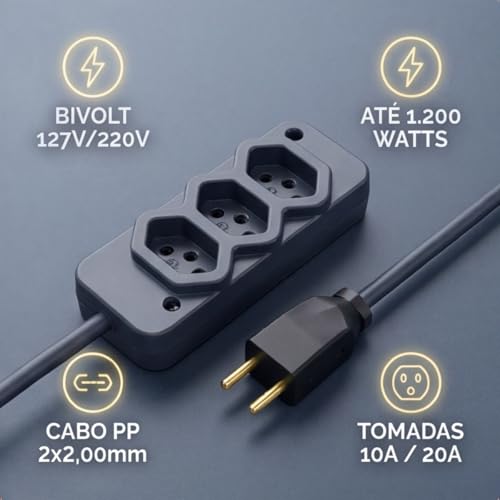 Extensão Elétrica Profissional Reforçada 5 Metros, 3 Tomadas 10A /20A, Cabo PP 2x2,00mm, Bivolt 250V, Preto, Uso Profissional e Residencial - 5m