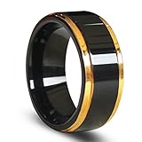 EZreal Gold Edges and Raised Center Top Polished Black Tungsten Carbide Rings , Men's Women's Wedding Bands Anniversary Rings Comfort Fit 8mm