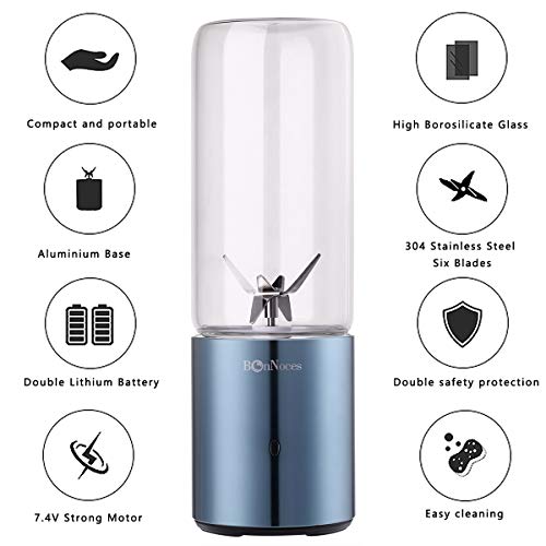 BonNoces Portable Personal Blender, USB Rechargeable Glass Juicer Cup, Six Blades in 3D, 400ml with Travel Lid Small Fruit Blender for Shakes and Smoothies