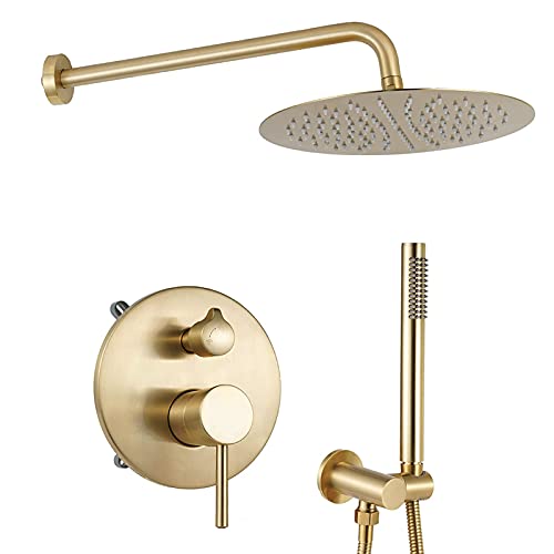 Brushed Gold Flush Mount Shower Set, 10" Recessed Shower Kit with Hand Shower, Shower Systems, Bathroom Shower Mixer