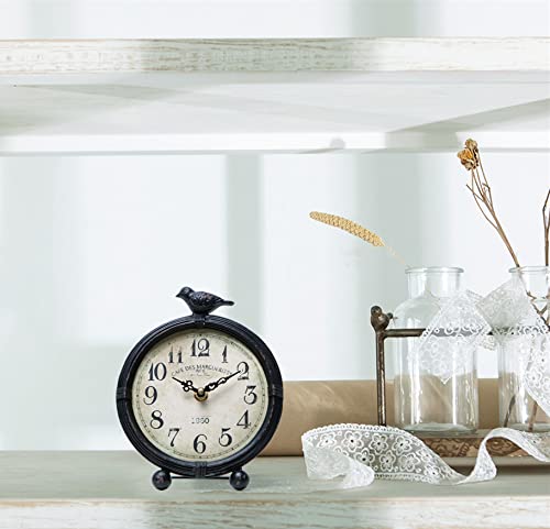 NIKKY HOME Vintage Table Clock with Bird, Metal Desk Clocks Battery Operated Black Retro Table Clock on Stand Decorative Desk Clock for Bedroom Living Room Shelf