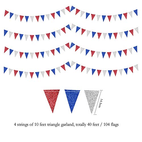 Red Blue Silver/White Triangle Pennant Banner Kit for Fourth/4th of July USA American Independent Day Celebration Party Flag Garland Hanging Bunting Decoration for Birthday/Wedding/Baby Shower/Cavinal