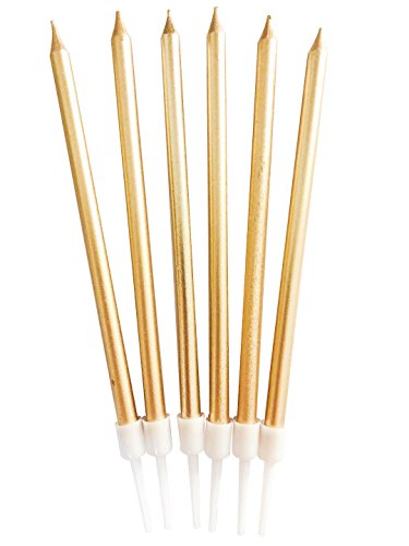 24 Count Party Long Thin Cake Candles Metallic Birthday Candles in Holders for Birthday Cakes Cupcake, Champagne Gold
