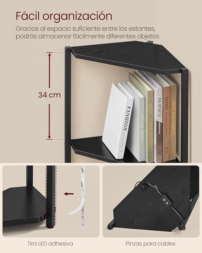 VASAGLE LBC590B02V1 Corner Shelving Unit with 5 Levels Adjustable LED Lighting with Steel Frame, 25 x 48 x 146.7 cm, for Living Room, Bedroom, Study, Ebony Black