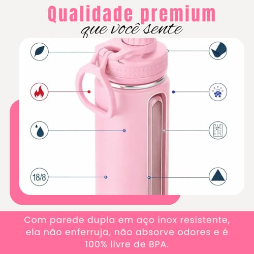 Garrafa de Água Térmica Inox 800ml - Garrafa Inox Portátil, BPA Free, Antivazamento, Parede Dupla Isolamento a Vácuo Quente e Frio - Garrafinha Academia Corrida Escritório - Amel (Rosa)