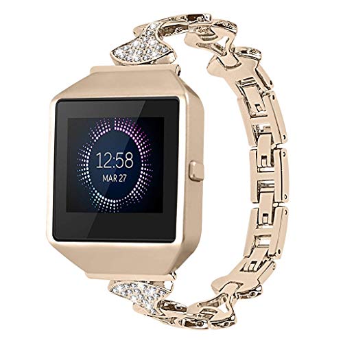 Cywulin Compatible for Fitbit Blaze Replacement Bands Stainless Steel Bling Rhinestone Diamond Wristband Strap Bracelet Metal Accessory with Protective Frame Case Accessories Women Men (Gold)
